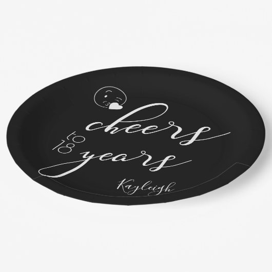 ホワイト文字オン黒モダン応援18年 ペーパープレート (アングル)