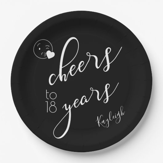 ホワイト文字オン黒モダン応援18年 ペーパープレート (正面)