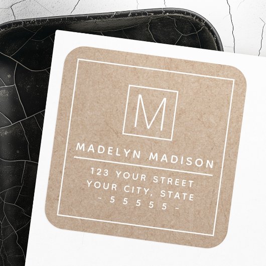 ホワイト文字クラフトルックモノグラム差出人住所 スクエアシール