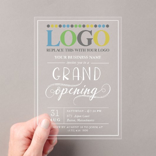 ホワイト文字ワイドロゴビジネスグランドオープン アクリル招待状 (インサイチュ (ポータブル))