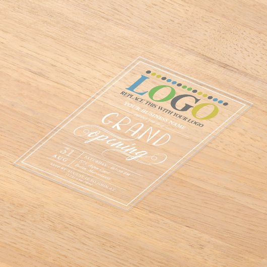 ホワイト文字ワイドロゴビジネスグランドオープン アクリル招待状 (レイダウン)