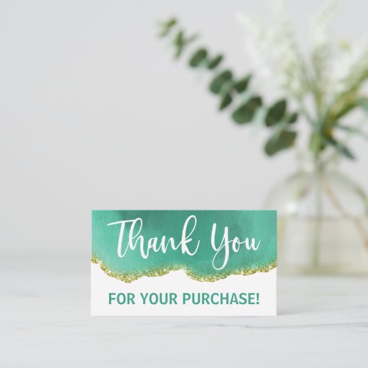 ホワイト文字金ゴールドティール（緑がかった色）エーゲート購入ありがとう 名刺 (スタンド正面)