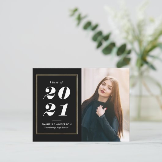 ホワイト文字金ゴールドフレームの卒業発表 ポストカード (スタンド正面)