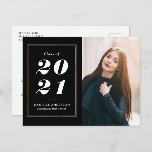 ホワイト文字金ゴールドフレームの卒業発表 ポストカード (正面/裏面)