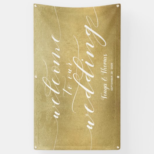 ホワイト書道金ゴールドサテンウェルカム結婚ズ 横断幕 (縦)