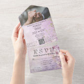 ホワイト桜さくらんぼブロッサムパープルQRコードフォト オールインワン招待状 (貼ってはがせる)