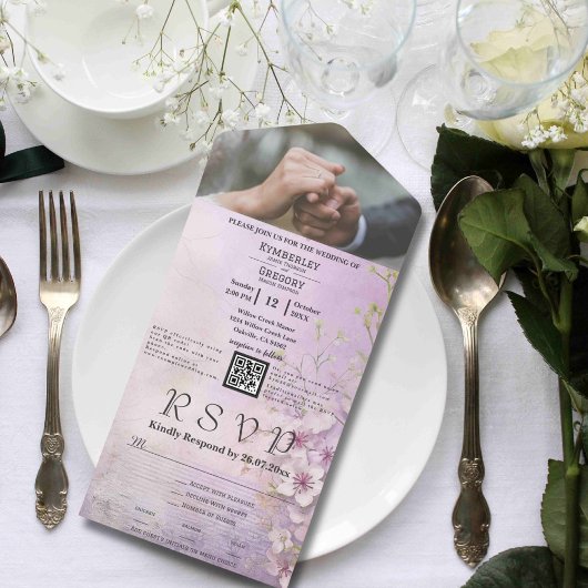 ホワイト桜さくらんぼブロッサムパープルQRコードフォト オールインワン招待状