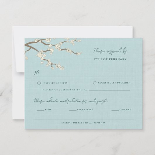 ホワイト桜禅さくらんぼ咲きアジア結婚の 出欠カード (正面)