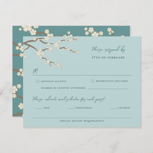 ホワイト桜禅さくらんぼ咲きアジア結婚の 出欠カード (正面/裏面)