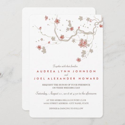 ホワイト桜結婚式招待状カード 招待状 (正面/裏面)