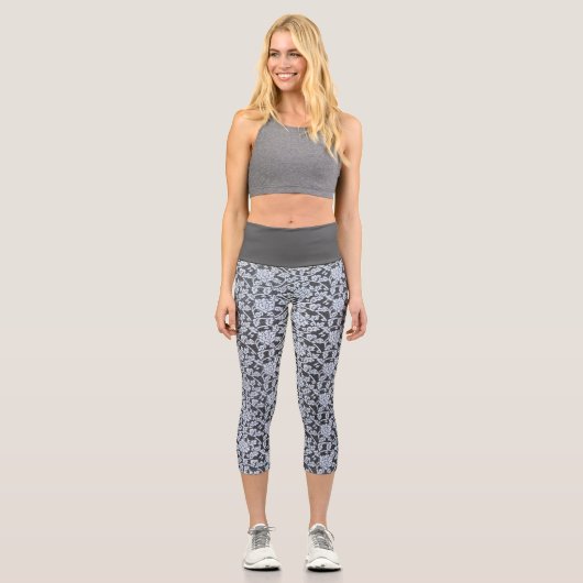 ホワイト植物性デザインオングレー カプリレギンス (正面)