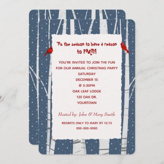 ホワイト樺の木とスノーフレークスクリスマス（鳥）ショウジョウコウカンチョウ 招待状 (正面/裏面)