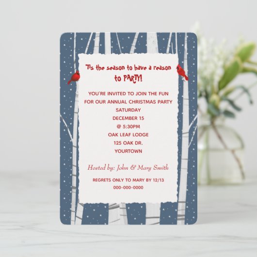 ホワイト樺の木とスノーフレークスクリスマス(鳥)ショウジョウコウカンチョウ 招待状 (スタンド正面)