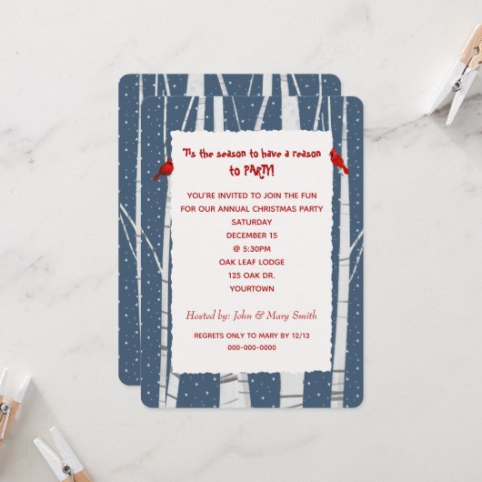 ホワイト樺の木とスノーフレークスクリスマス(鳥)ショウジョウコウカンチョウ 招待状 (正面/裏面インサイチュ)