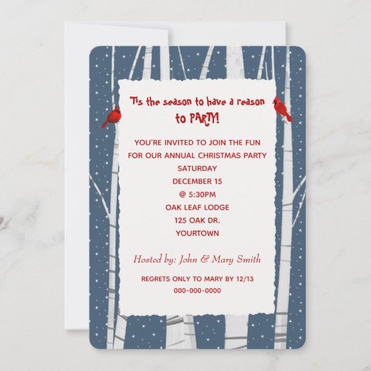 ホワイト樺の木とスノーフレークスクリスマス(鳥)ショウジョウコウカンチョウ 招待状 (正面)