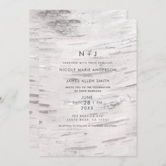 ホワイト樺の木ウッドバ素朴ンカントリーウェディング 招待状 (正面/裏面)