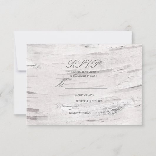 ホワイト樺の木ウッドバ素朴ンカントリーウェディングRSVP 出欠カード (正面)