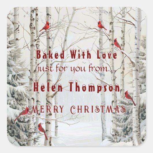 ホワイト樺の木ツリーズウィンターフォレストレッド深紅色 スクエアシール (正面)