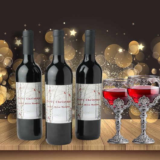 ホワイト樺の木ツリーズウィンターフォレストレッド深紅色 ワインラベル