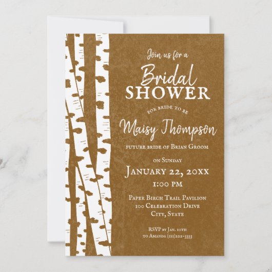 ホワイト樺の木ツリーズ素朴ウッドランドブライダルシャワー 招待状 (正面)