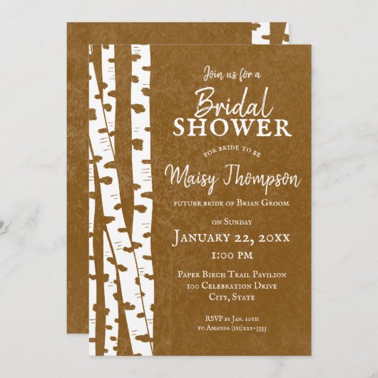 ホワイト樺の木ツリーズ素朴ウッドランドブライダルシャワー 招待状 (正面/裏面)