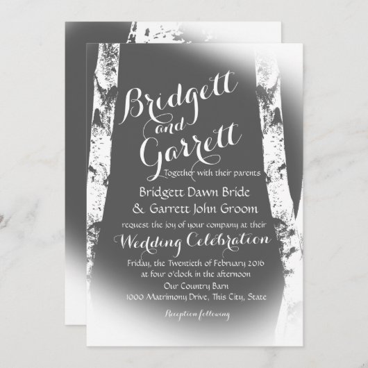 ホワイト樺の木ツリーズ結婚デザイン 招待状 (正面/裏面)