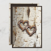 ホワイト樺の木ツリーバーク素朴スティックハート 招待状 (正面/裏面)