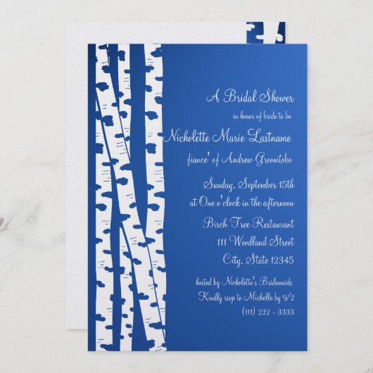 ホワイト樺の木ツリーブライダルシャワーブルー 招待状 (正面/裏面)