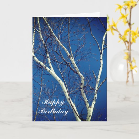ホワイト樺の木ツリーブルースカイ自然誕生日カード カード (黄色い花)