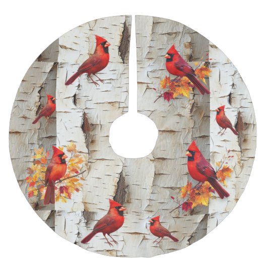 ホワイト樺の木ツリーレッド深紅色 ブラッシュドポリエステルツリースカート (正面)