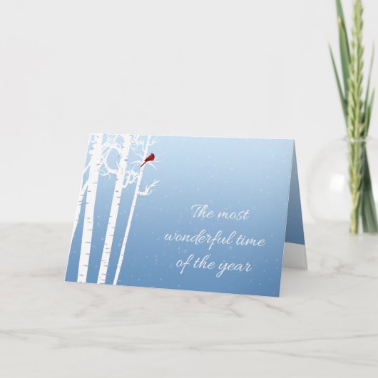 ホワイト樺の木ツリー,レッド(鳥)ショウジョウコウカンチョウ,降雪 シーズンカード (正面)