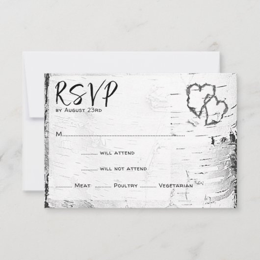 ホワイト樺の木彫りハートウェディングRSVPカード 出欠カード (正面)