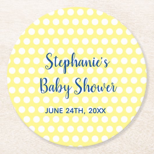 ホワイト水玉模様イエローブルーガールボーイベビーシャワー ラウンドペーパーコースター (正面)