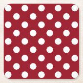 ホワイト水玉模様オンクリムゾンレッド スクエアペーパーコースター (正面)