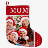 ホワイト水玉模様スノウ家族フォトママ ラージクリスマスストッキング (正面)