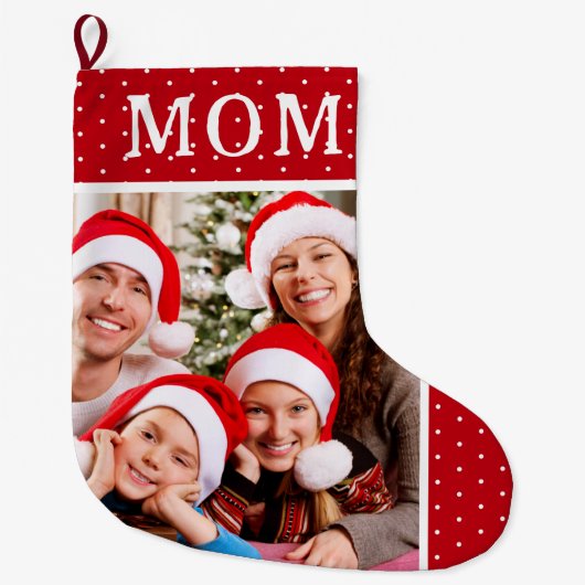 ホワイト水玉模様スノウ家族フォトママ ラージクリスマスストッキング (正面)