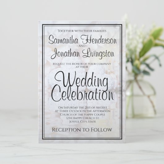 ホワイト牡丹の花とハートの反射結婚効果 招待状 (スタンド正面)