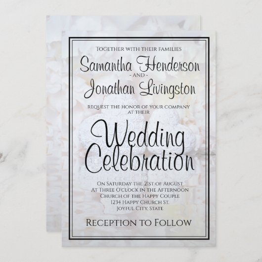 ホワイト牡丹の花とハートの反射結婚効果 招待状 (正面/裏面)