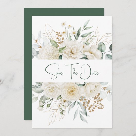 ホワイト牡丹バラユーカリ日付を保存 セーブザデート (正面/裏面)