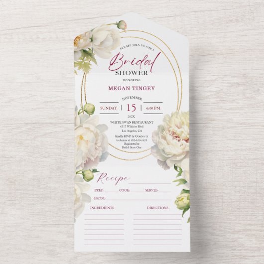 ホワイト牡丹ブライダルシャワーレシピ オールインワン招待状 (内側)