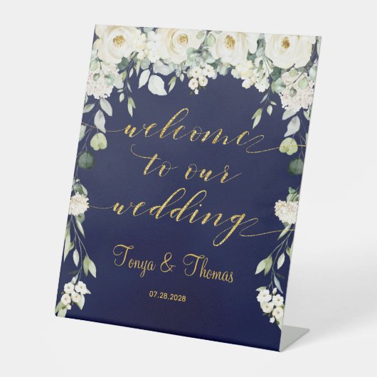 ホワイト牡丹金ゴールド書道ネイビーウェルカム結婚ズ 台座サイン (正面)