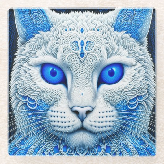 ホワイト神秘的な猫Ethereal AI Art ガラスコースター (正面)