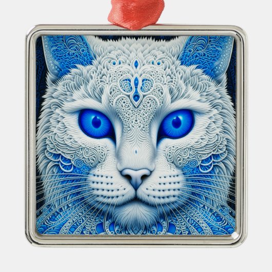 ホワイト神秘的な猫Ethereal AI Art メタルオーナメント (正面)