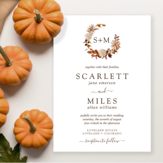 ホワイト秋テラコッタモノグラム結婚ズ 招待状