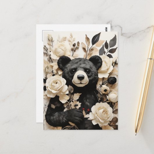 ホワイト紙バラ&ブラックベアーバレンタイン ポストカード (正面/裏面インサイチュ)