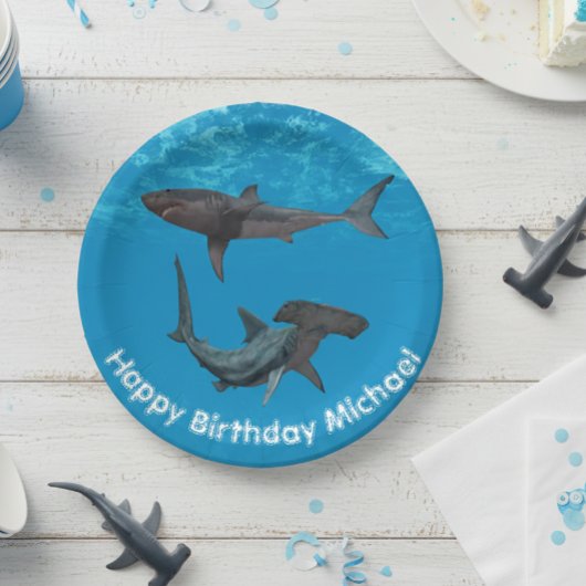 ホワイト素晴らしハマーヘッドシャーク誕生日パーティー ペーパープレート