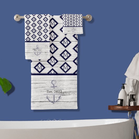 ホワイト素朴ウッドビーチハウスレイクハウスネイビーブルー バスタオルセット