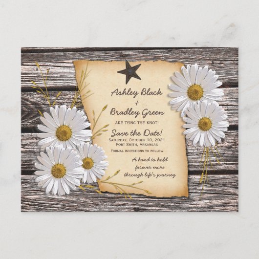ホワイト素朴デイジーウェスタンウェディングセーブザデート 案内ポストカード (正面)