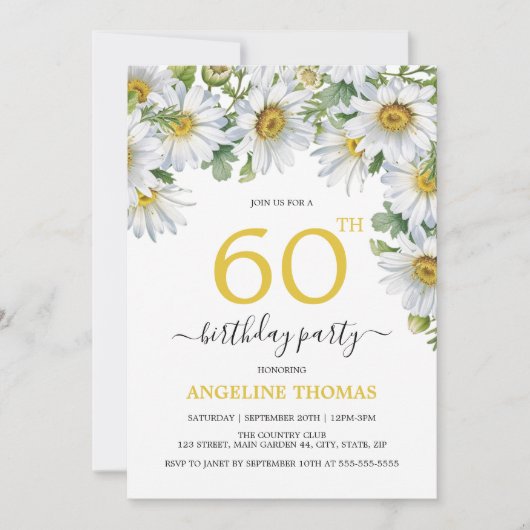 ホワイト素朴デイジーフローラ植物学誕生日 招待状 (正面)