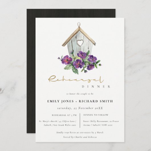 ホワイト素朴フローラバードハウスリハーサルディナー 招待状 (正面/裏面)